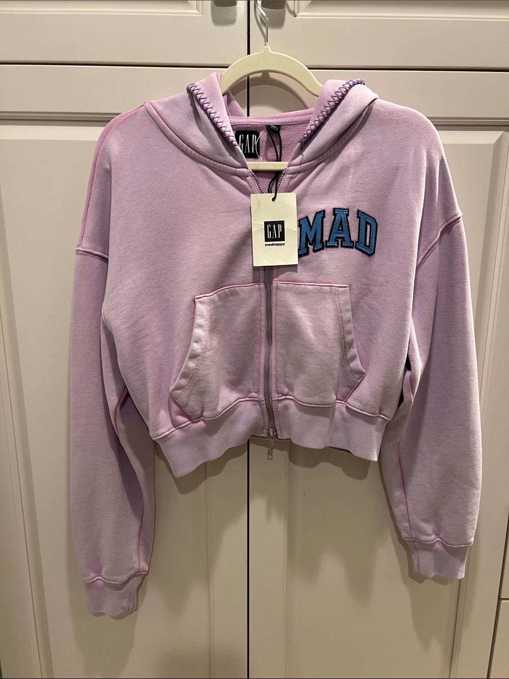 GAP Girls' Pale Pink Cropped Zip Hoodie with 'MAD' Patch